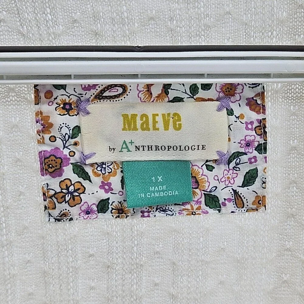 Anthropologie Maeve Rafela Hacci Surplice Top Cream Women’s Size 1X Puff Sleeve